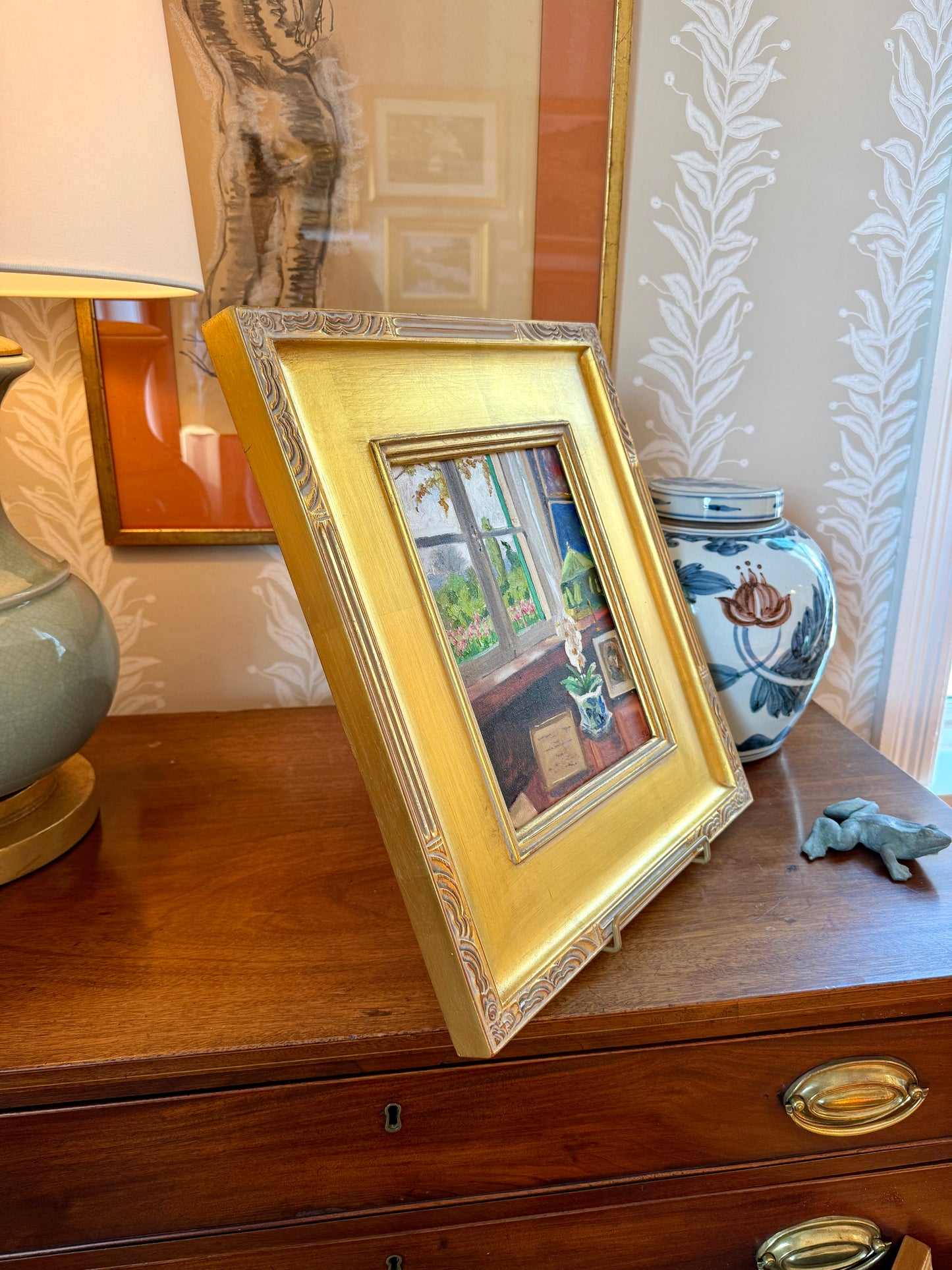 Stephanie Doucet Monet’s View in Giverny, France Interior Oil Painting in Gold Frame
