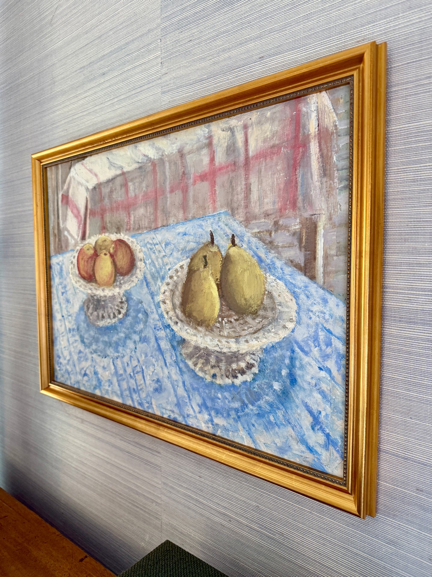 Apples and Pears in Reticulated Porcelain Compotes Still Life Oil Painting in Gold Frame
