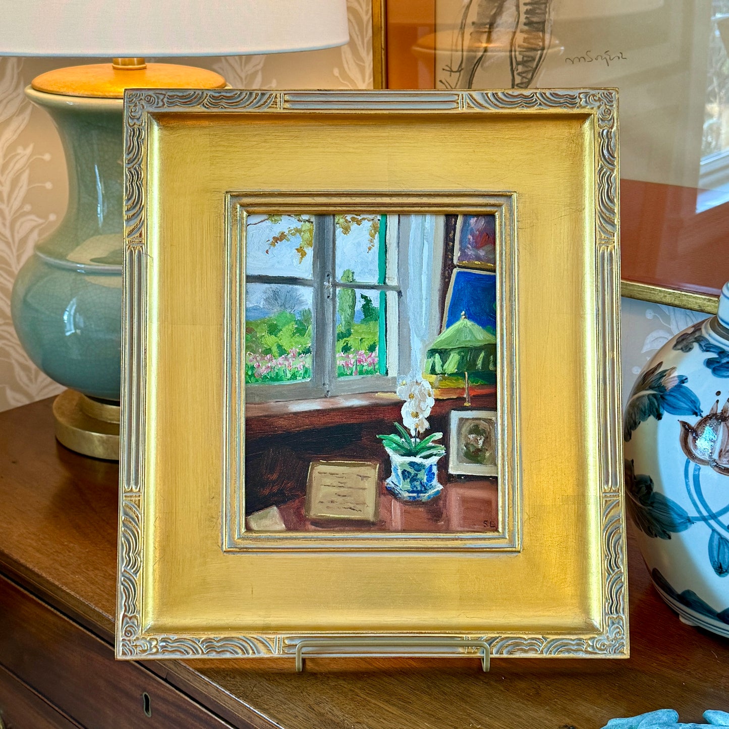 Stephanie Doucet Monet’s View in Giverny, France Interior Oil Painting in Gold Frame