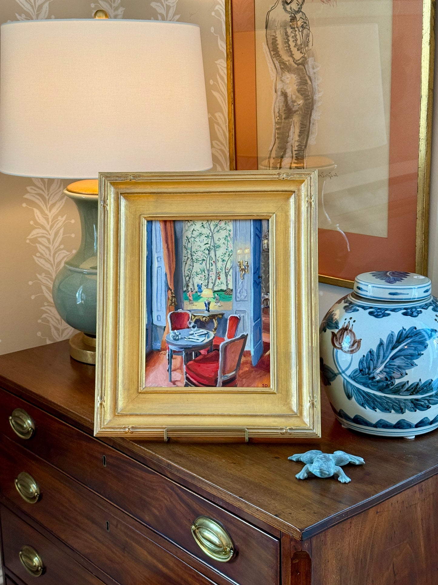 Stephanie Doucet Chinoiserie in Aix-en-Provence, France Interior Oil Painting in Gold Frame