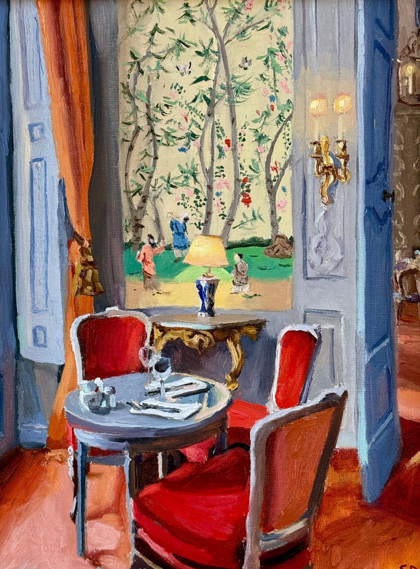 Stephanie Doucet Chinoiserie in Aix-en-Provence, France Interior Oil Painting in Gold Frame