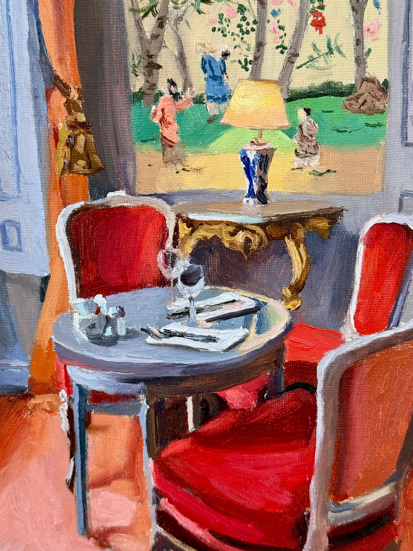 Stephanie Doucet Chinoiserie in Aix-en-Provence, France Interior Oil Painting in Gold Frame