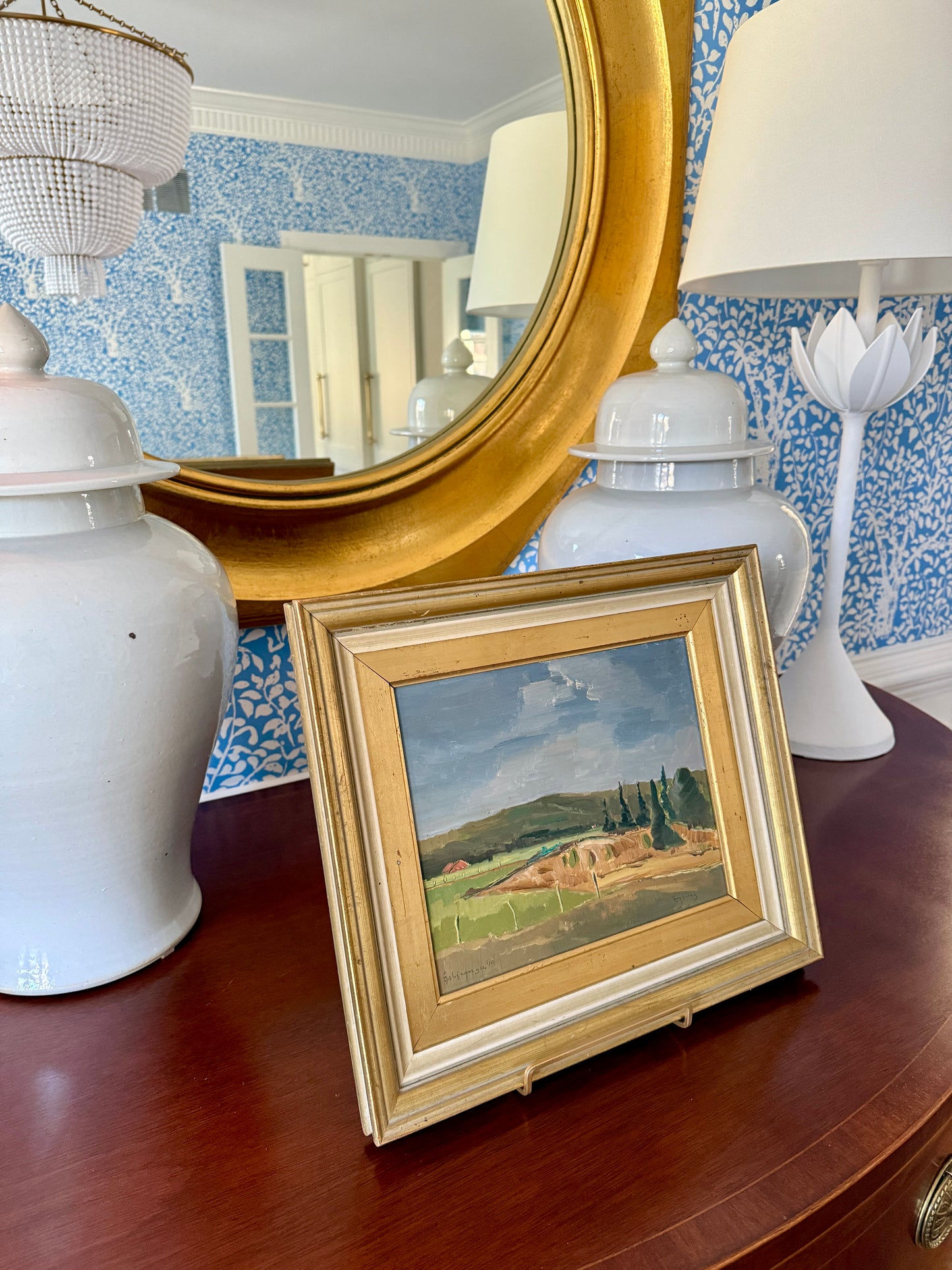 Blue Green Vintage Impressionist Summer Farm Landscape Oil Painting in Gold Frame