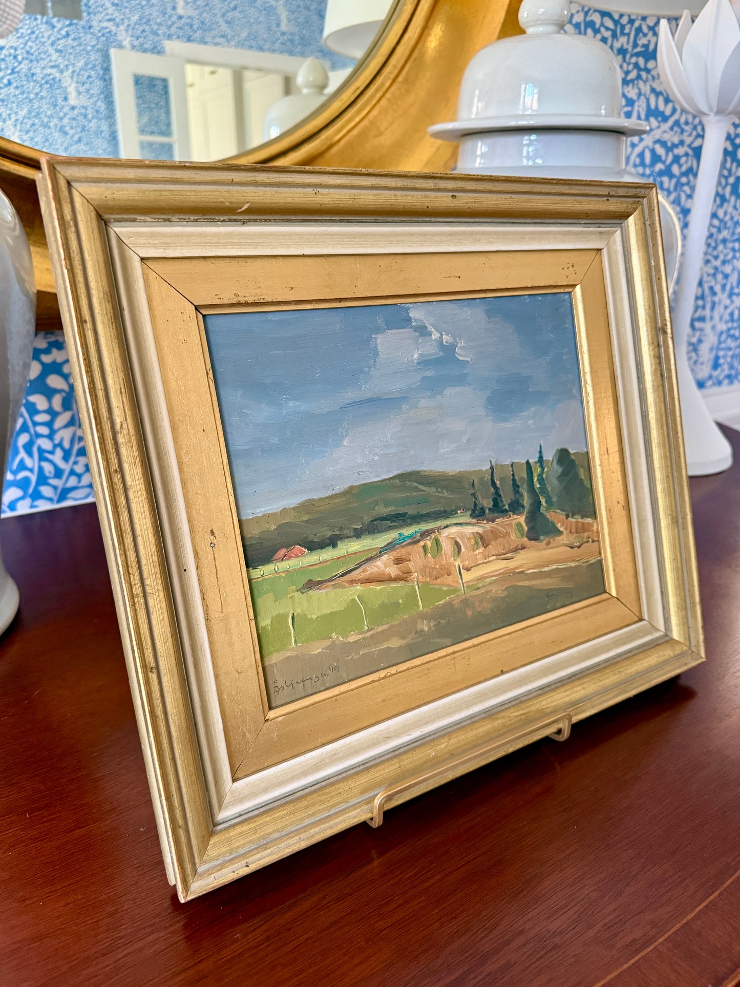 Blue Green Vintage Impressionist Summer Farm Landscape Oil Painting in Gold Frame