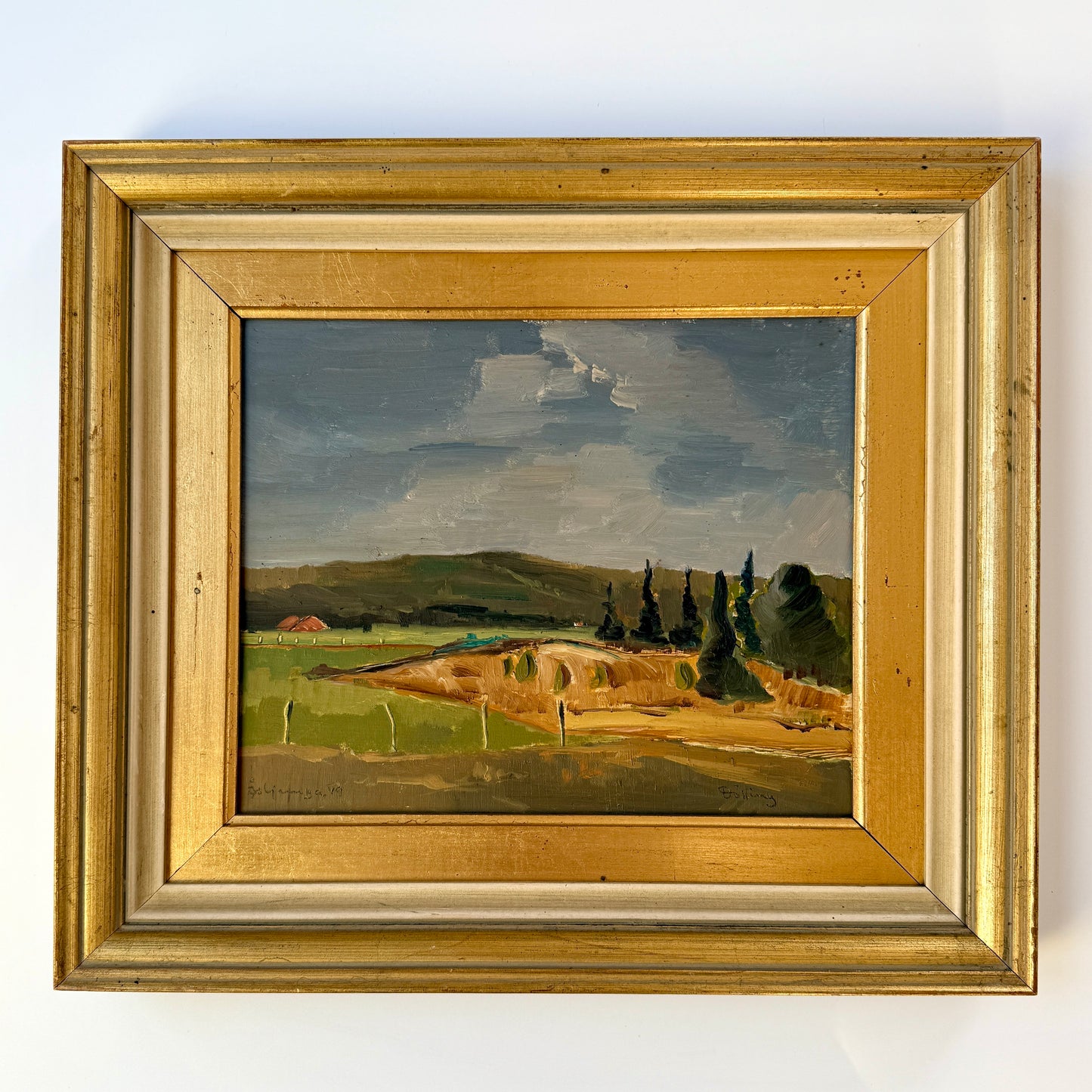 Blue Green Vintage Impressionist Summer Farm Landscape Oil Painting in Gold Frame