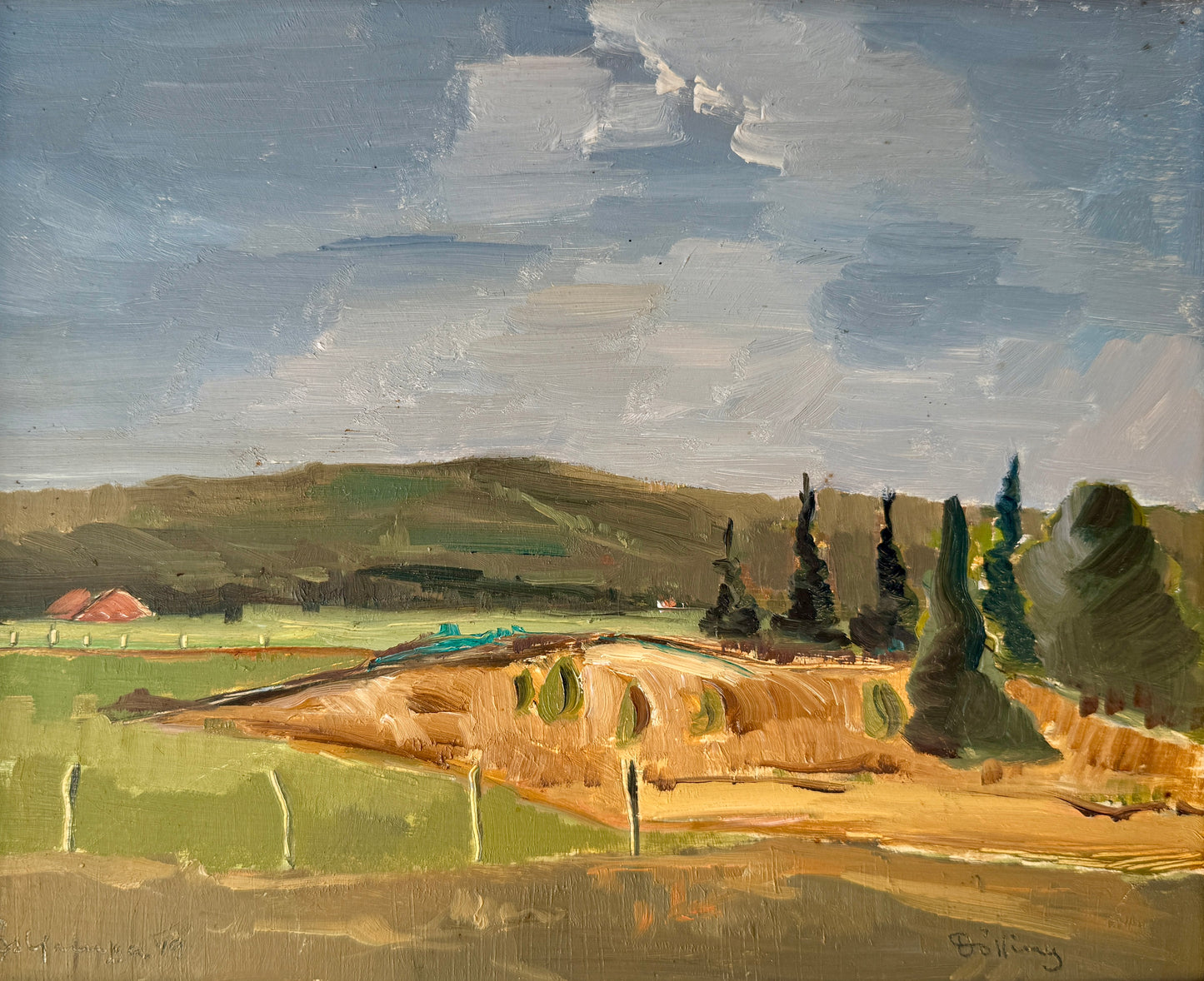Blue Green Vintage Impressionist Summer Farm Landscape Oil Painting in Gold Frame