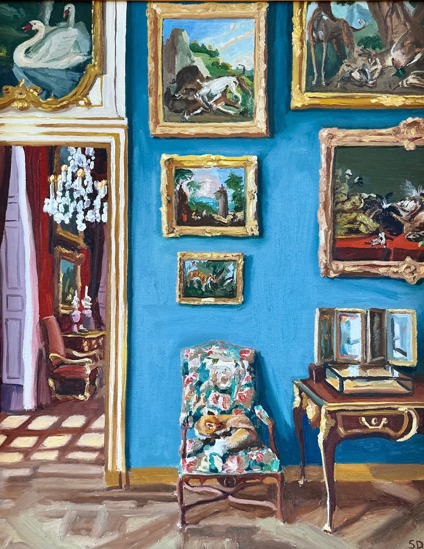 Stephanie Doucet Le Salon Bleu Paris, France Interior Oil Painting in Gold Frame