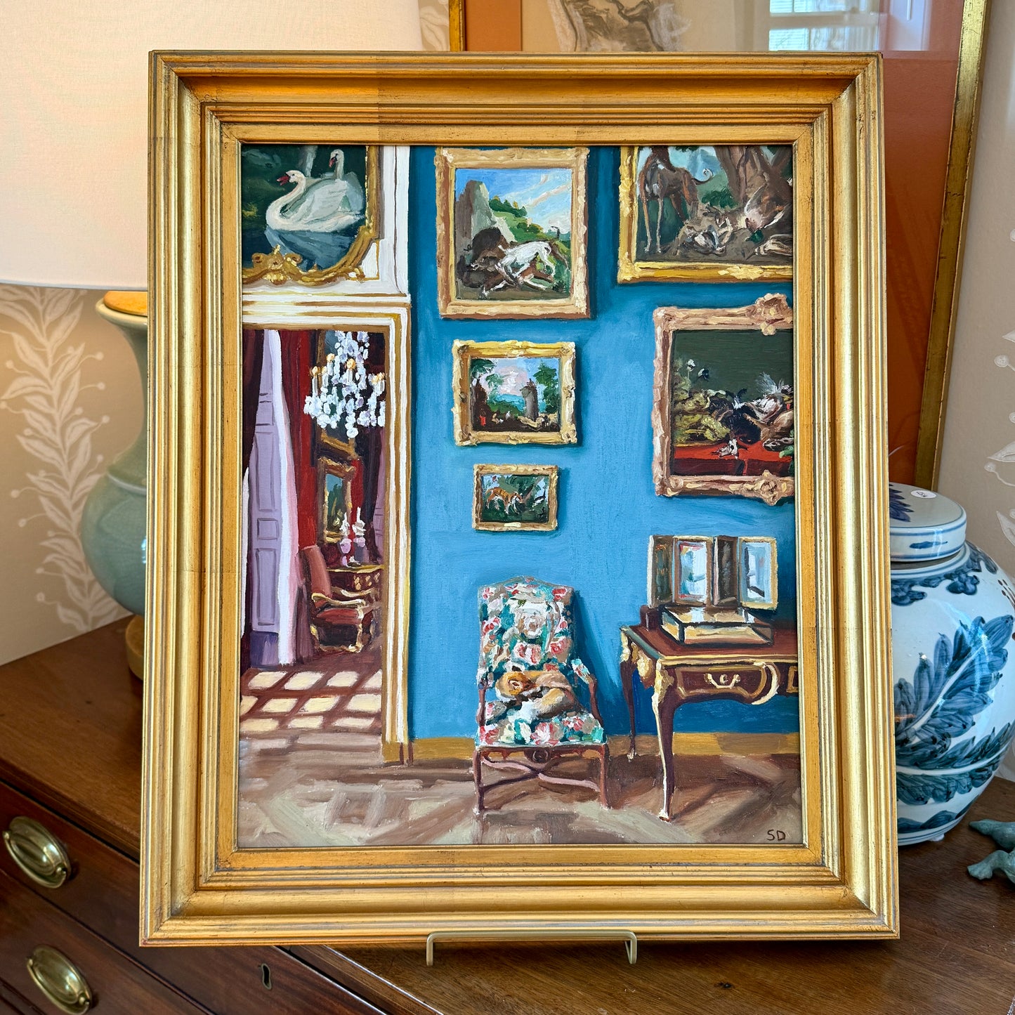 Stephanie Doucet Le Salon Bleu Paris, France Interior Oil Painting in Gold Frame