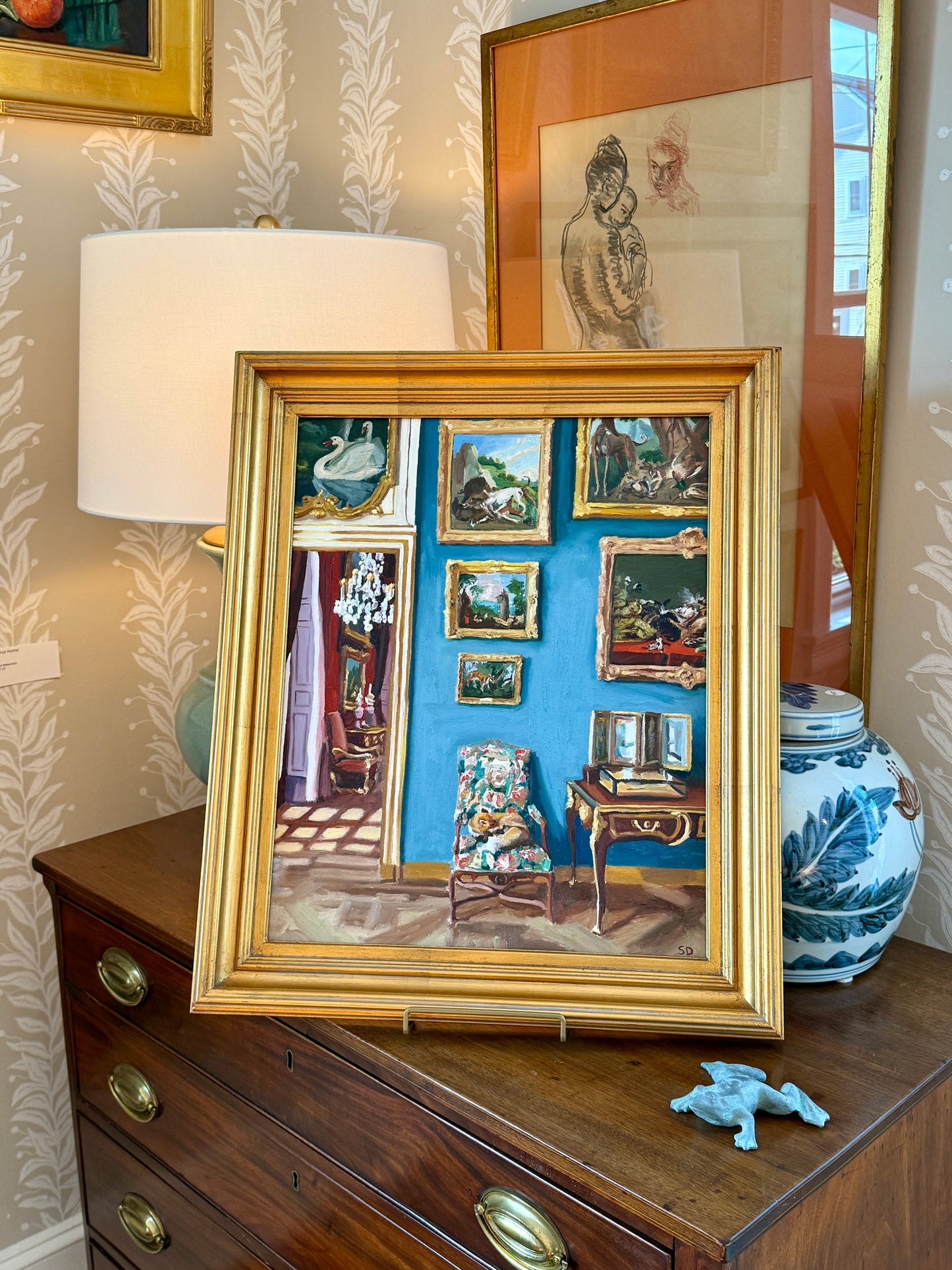 Stephanie Doucet Le Salon Bleu Paris, France Interior Oil Painting in Gold Frame