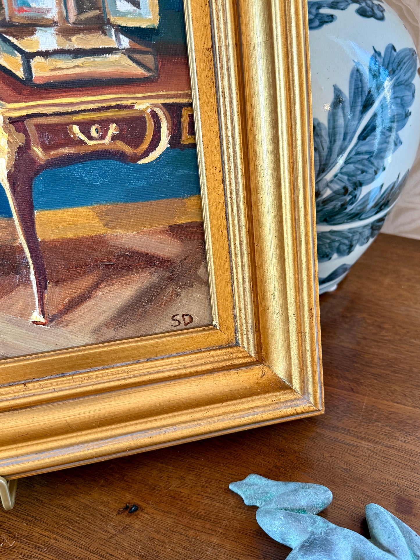 Stephanie Doucet Le Salon Bleu Paris, France Interior Oil Painting in Gold Frame