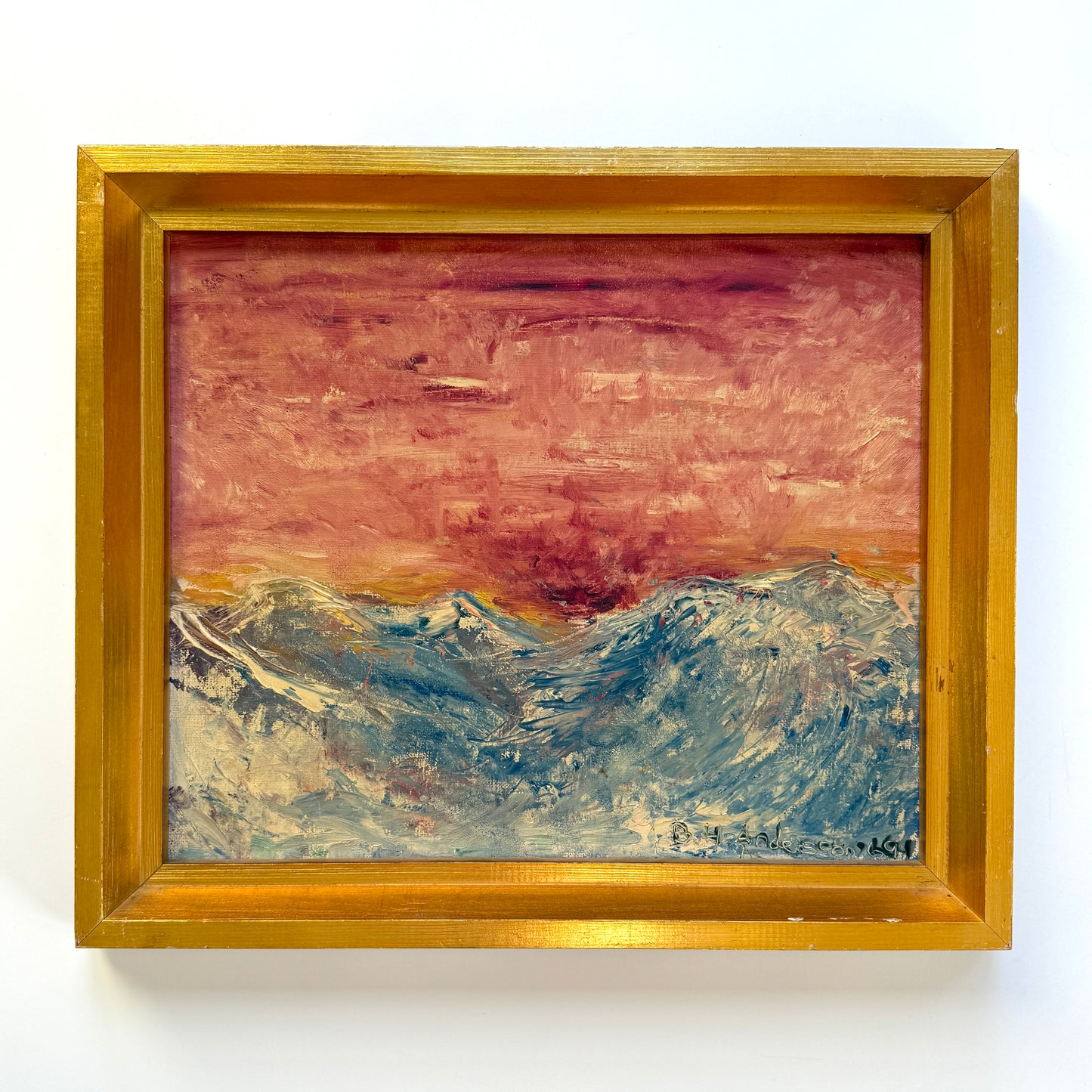 1969 Vintage Abstract Blue Pink Greenland Landscape Oil Painting on Canvas in Gold Frame