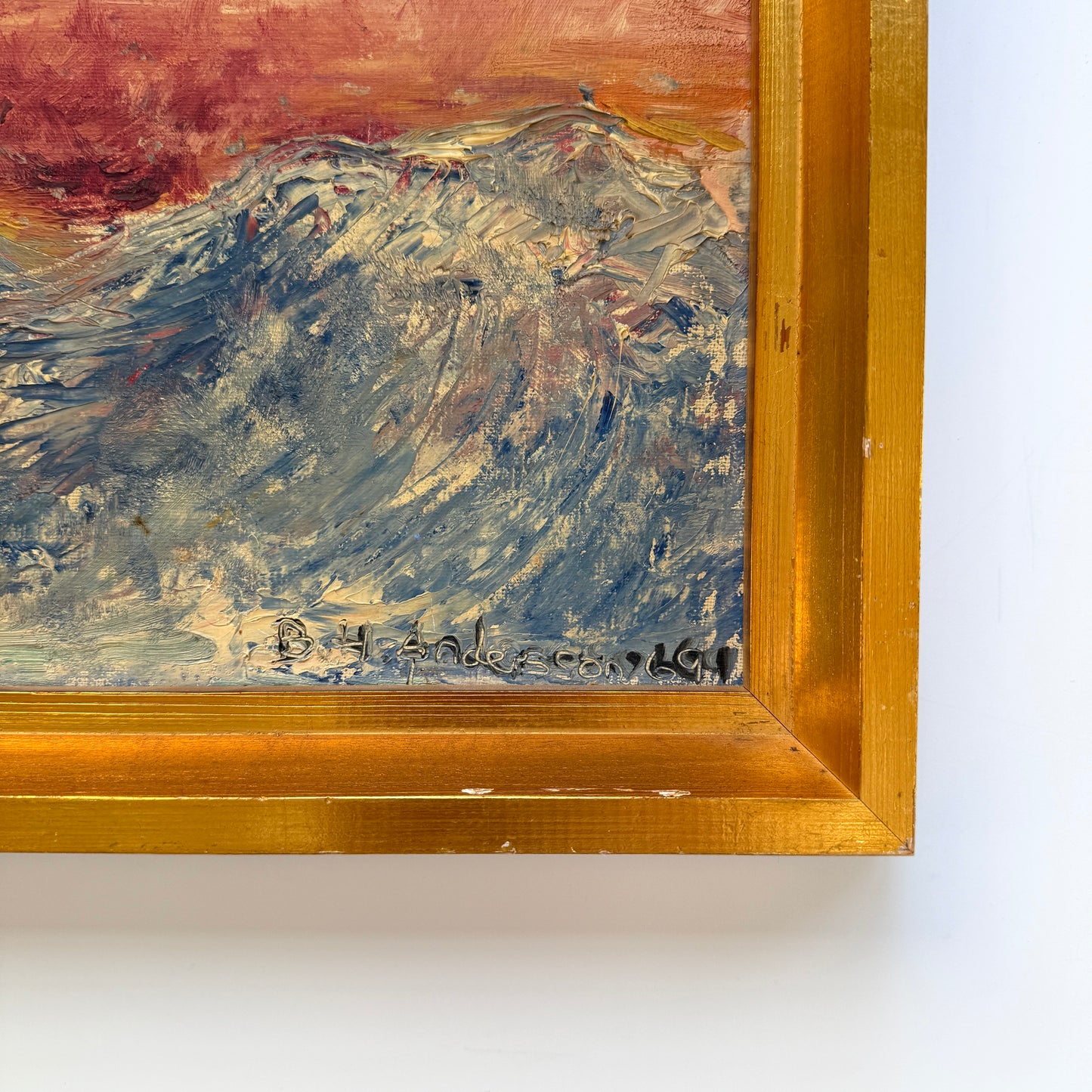 1969 Vintage Abstract Blue Pink Greenland Landscape Oil Painting on Canvas in Gold Frame