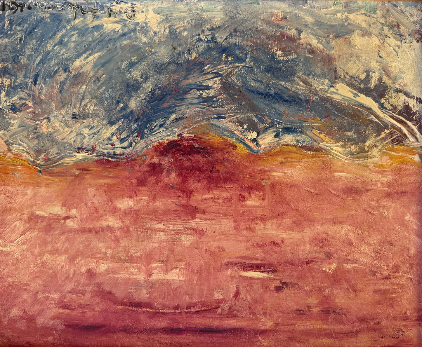 1969 Vintage Abstract Blue Pink Greenland Landscape Oil Painting on Canvas in Gold Frame