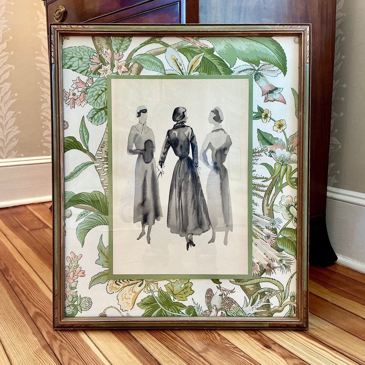 Catherine Figart Vogue Watercolor Fashion Illustration on Schumacher Cranley Garden Floral in Antique Carved Green and Gold Frame