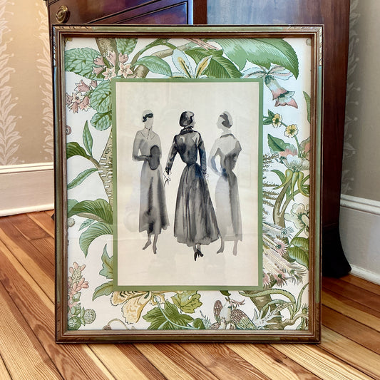 Catherine Figart Vogue Watercolor Fashion Illustration on Schumacher Cranley Garden Floral in Antique Carved Green and Gold Frame