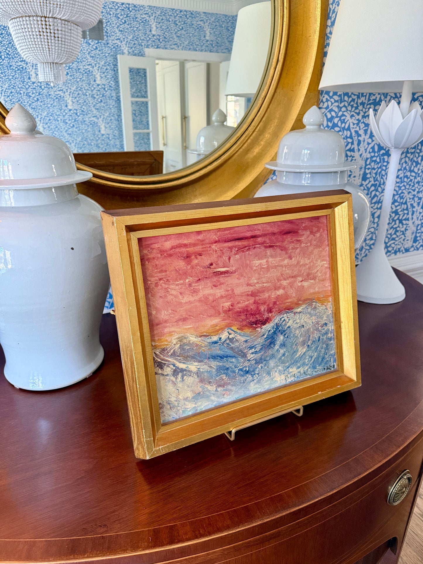 1969 Vintage Abstract Blue Pink Greenland Landscape Oil Painting on Canvas in Gold Frame
