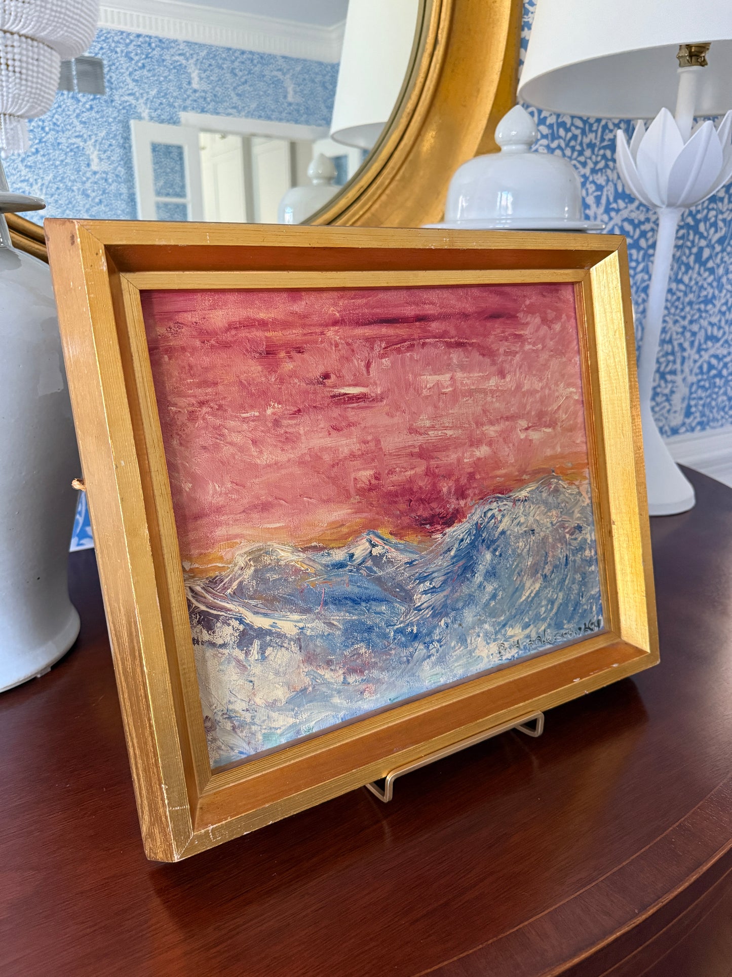 1969 Vintage Abstract Blue Pink Greenland Landscape Oil Painting on Canvas in Gold Frame
