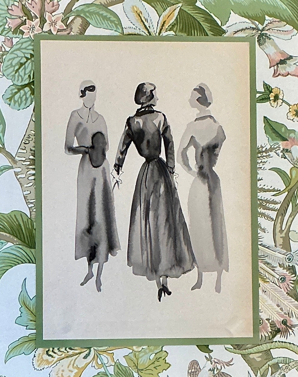 Catherine Figart Vogue Watercolor Fashion Illustration on Schumacher Cranley Garden Floral in Antique Carved Green and Gold Frame