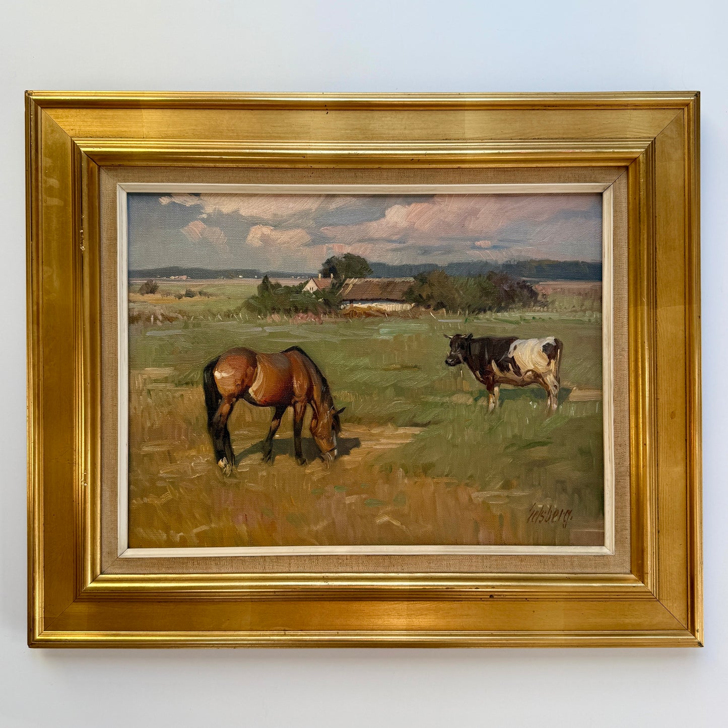 Knud Erik Edsberg 1954 and Cow in Meadow Landscape Oil Painting in Gold Frame