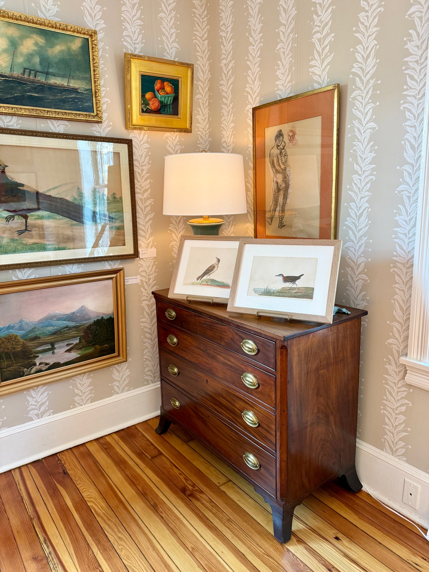 19th Century Shore Bird Watercolor Bird Portrait in Natural Wood Frame