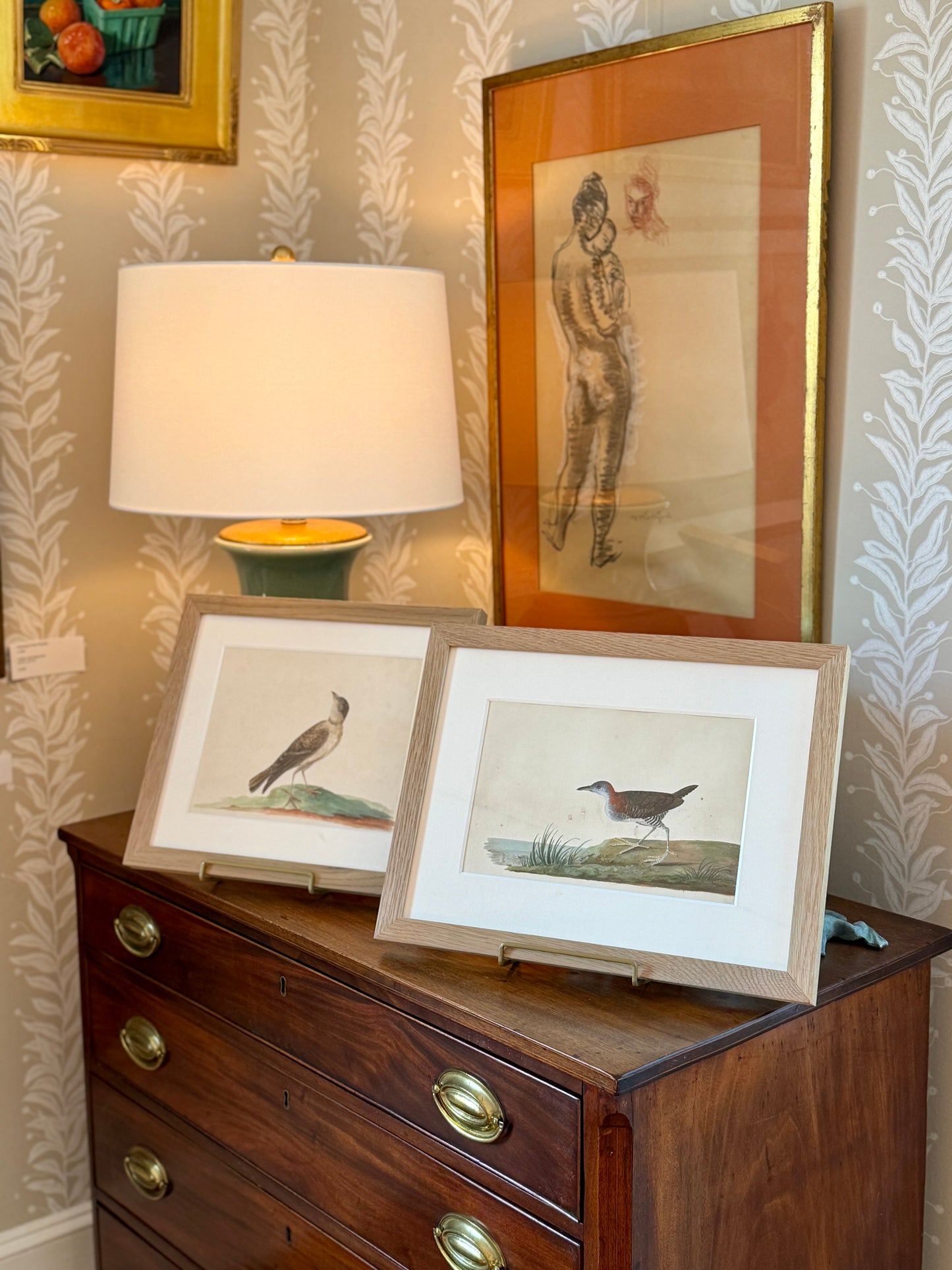 19th Century Shore Bird Watercolor Bird Portrait in Natural Wood Frame