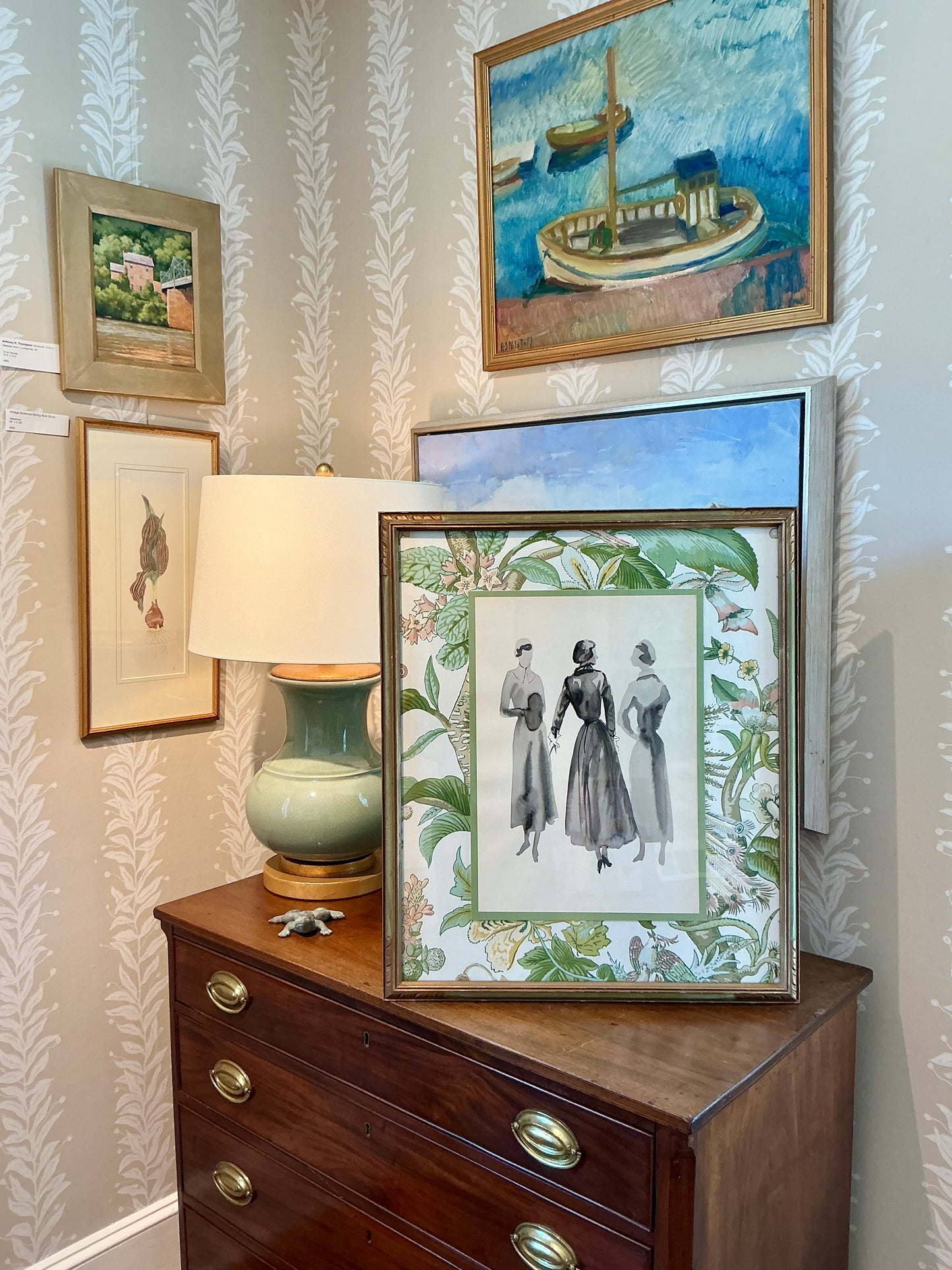 Catherine Figart Vogue Watercolor Fashion Illustration on Schumacher Cranley Garden Floral in Antique Carved Green and Gold Frame