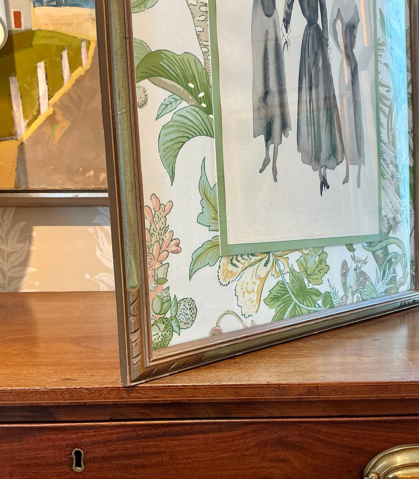 Catherine Figart Vogue Watercolor Fashion Illustration on Schumacher Cranley Garden Floral in Antique Carved Green and Gold Frame