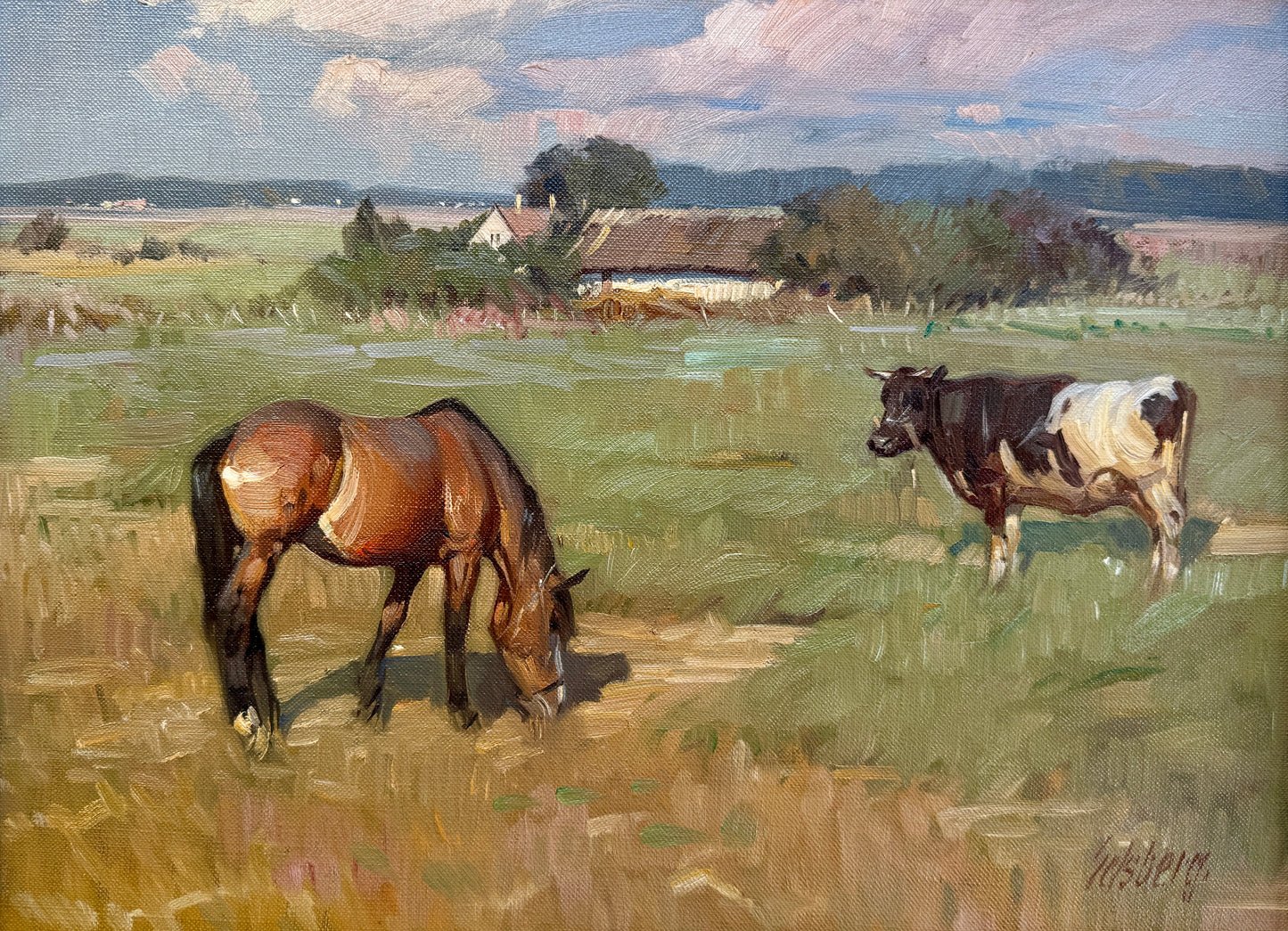 Knud Erik Edsberg 1954 and Cow in Meadow Landscape Oil Painting in Gold Frame