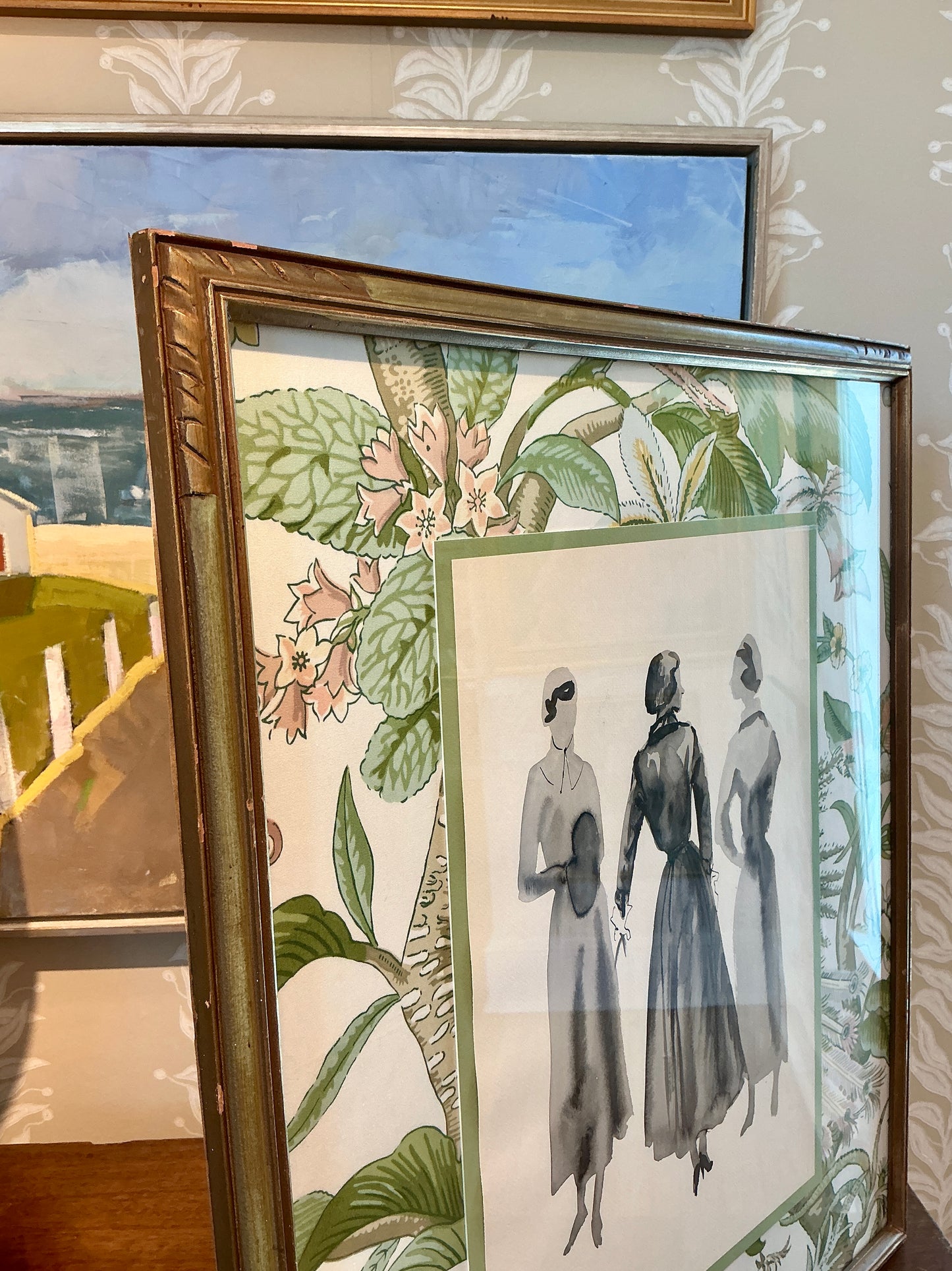 Catherine Figart Vogue Watercolor Fashion Illustration on Schumacher Cranley Garden Floral in Antique Carved Green and Gold Frame