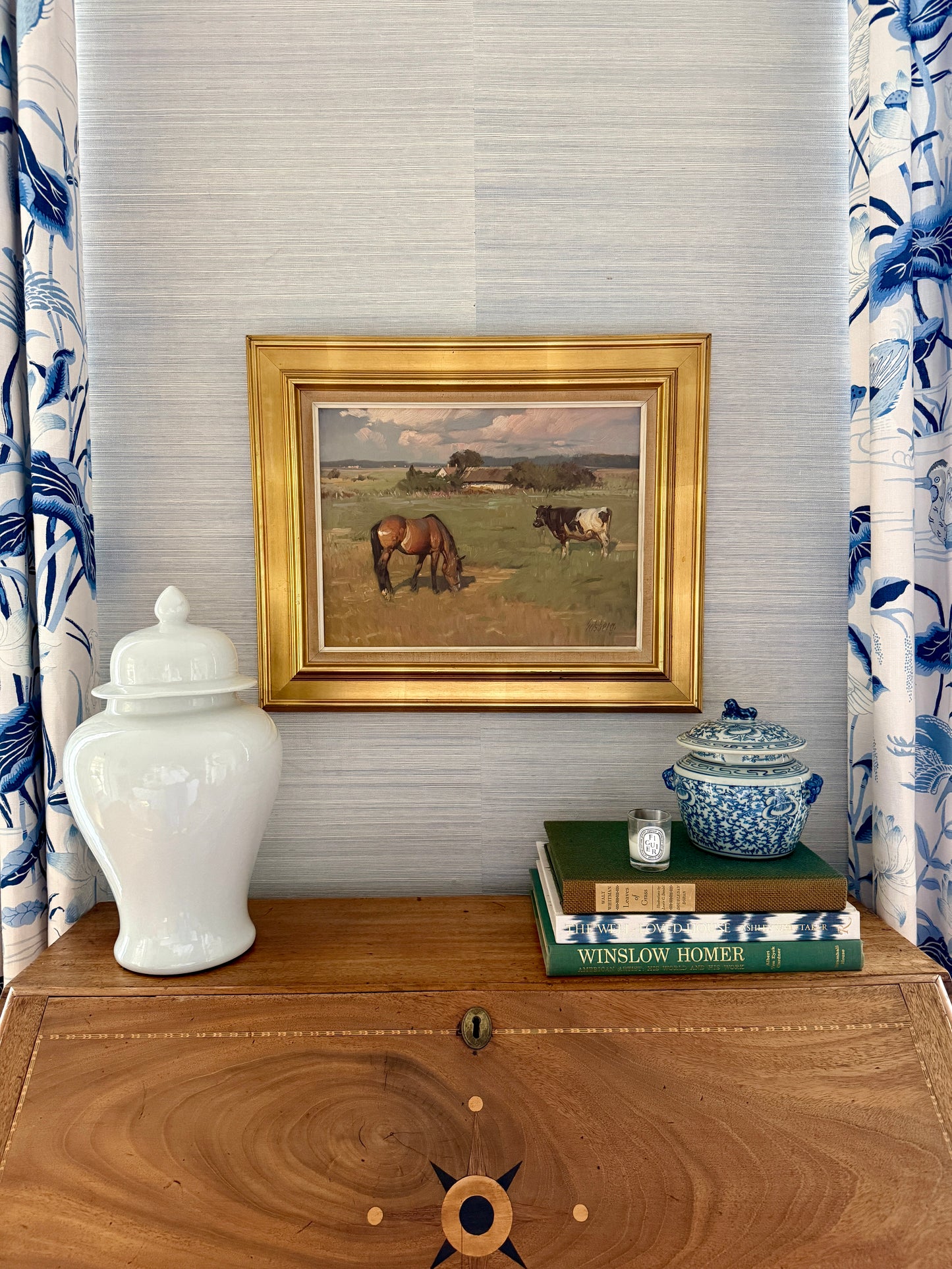 Knud Erik Edsberg 1954 and Cow in Meadow Landscape Oil Painting in Gold Frame