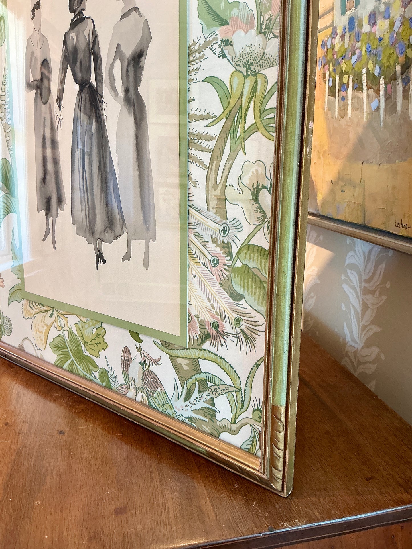 Catherine Figart Vogue Watercolor Fashion Illustration on Schumacher Cranley Garden Floral in Antique Carved Green and Gold Frame