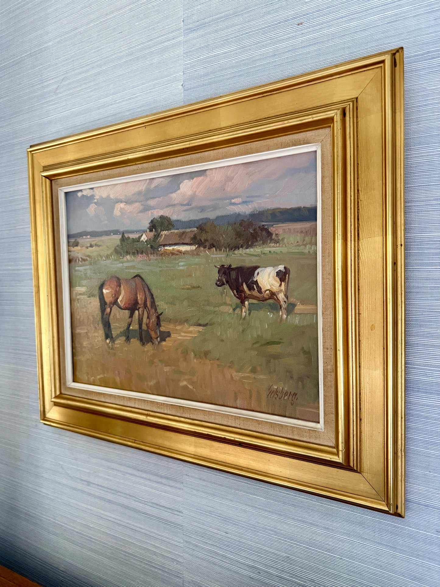 Knud Erik Edsberg 1954 and Cow in Meadow Landscape Oil Painting in Gold Frame