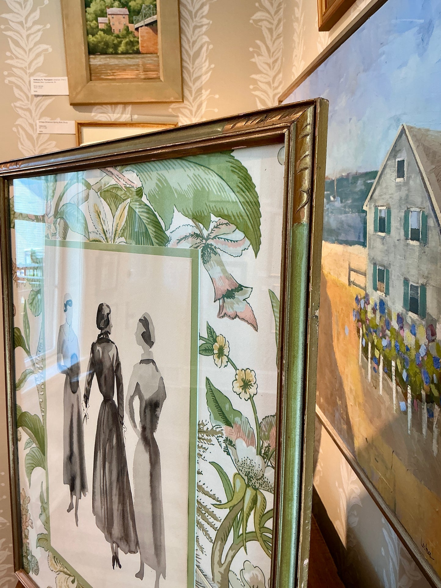 Catherine Figart Vogue Watercolor Fashion Illustration on Schumacher Cranley Garden Floral in Antique Carved Green and Gold Frame