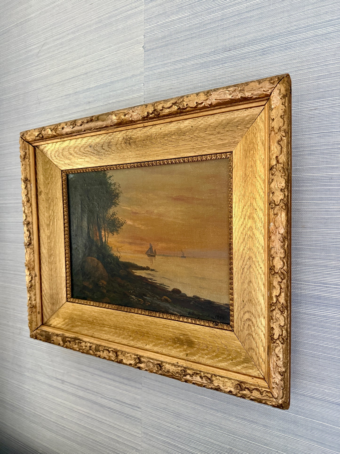 1899 Jens Bisgaard Sunset Sail Coastal Landscape in Gilded Frame