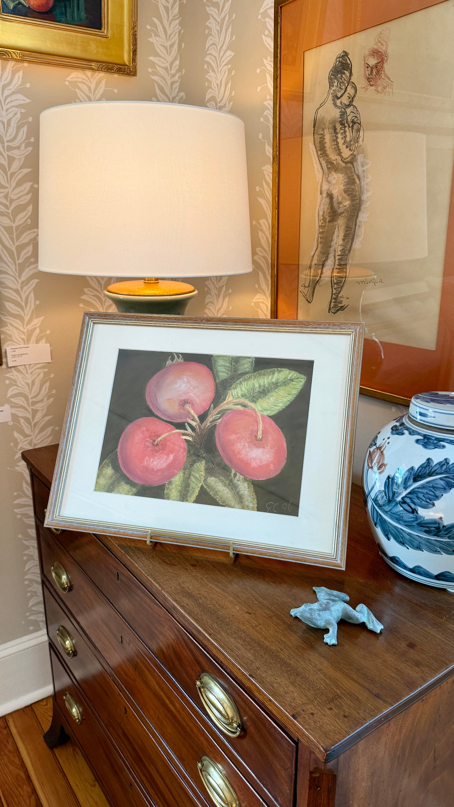 Vintage Pastel of Garden Red Radishes in Limed Wood Frame