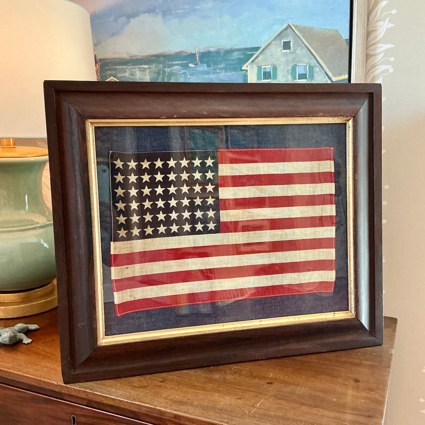 Vintage 48 Star American Flag on Dark Chambray in Antique Walnut Frame with Gilded Liner