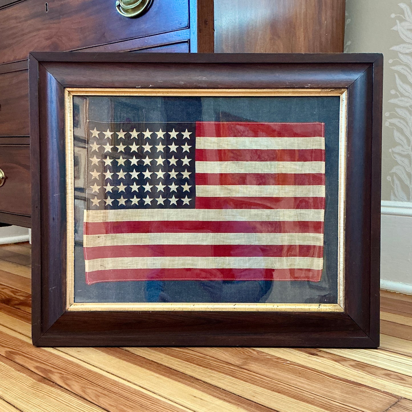 Vintage 48 Star American Flag on Dark Chambray in Antique Walnut Frame with Gilded Liner