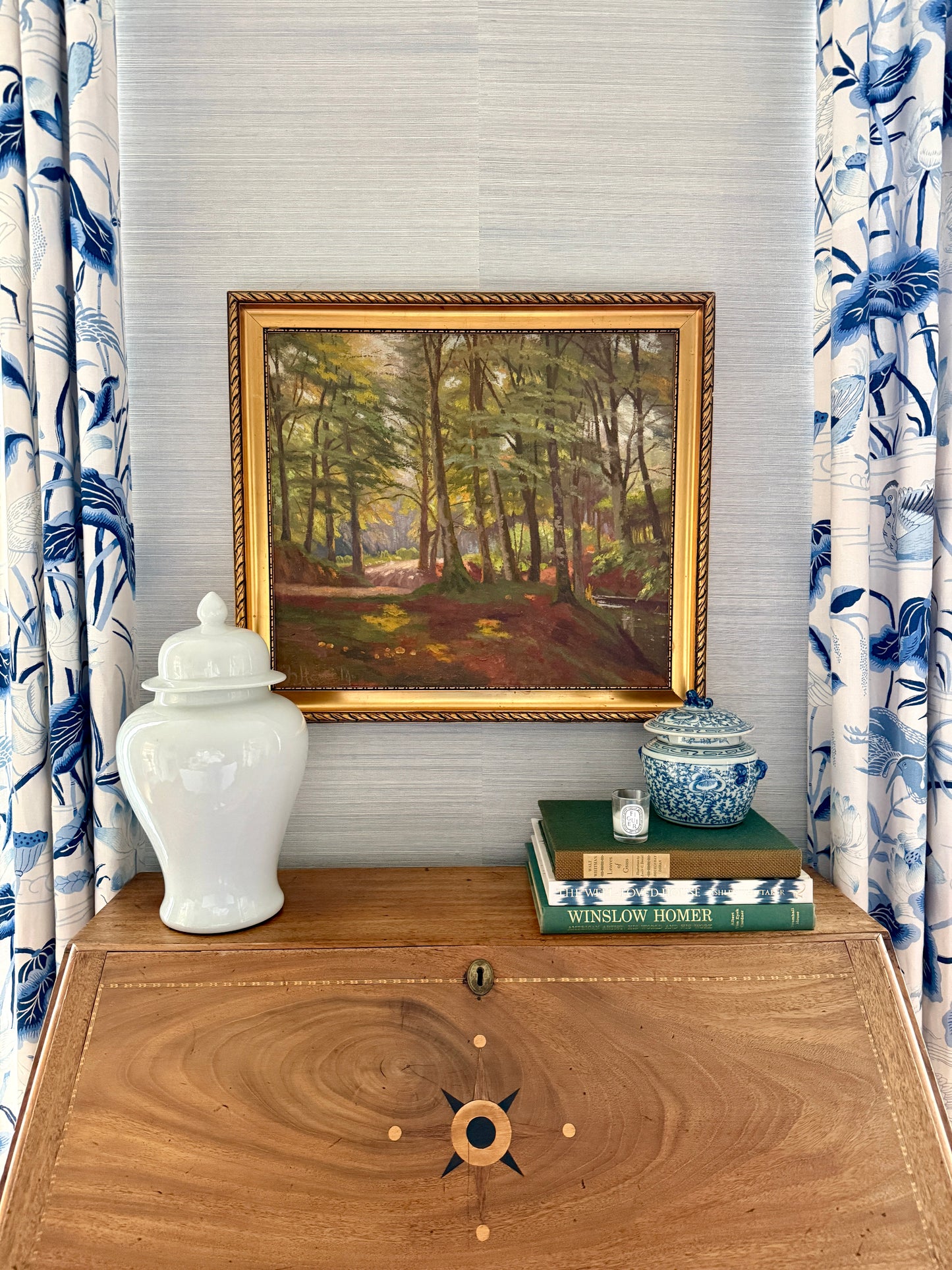 Vintage Sunlit Landscape Forest Opening Oil Painting on Canvas in Gold Frame