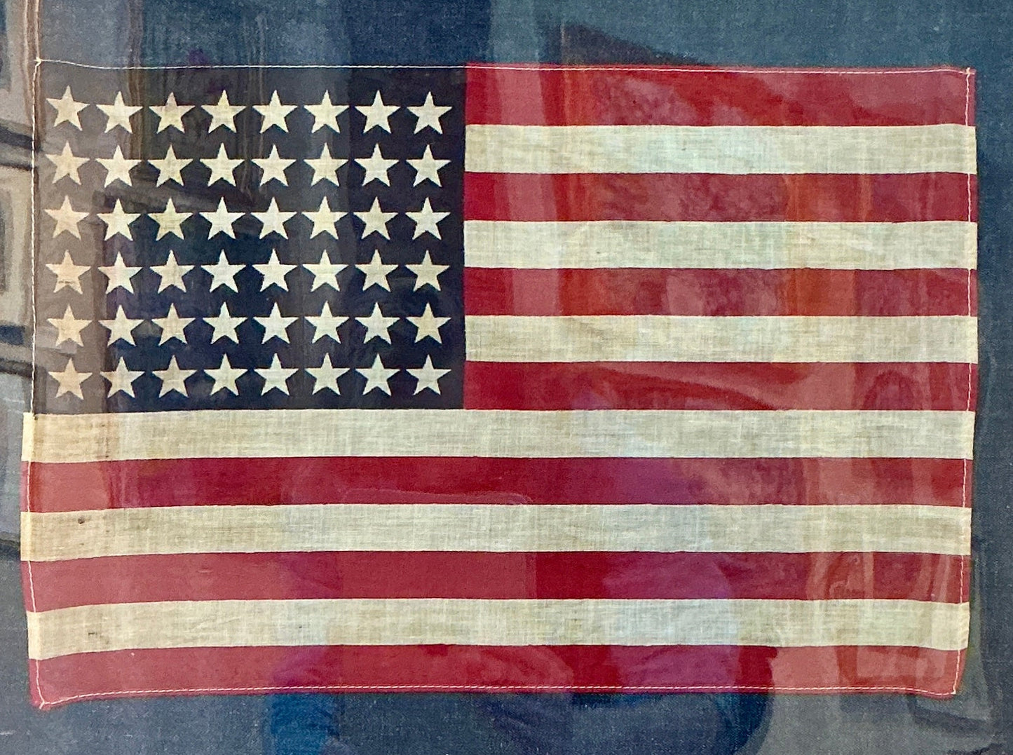 Vintage 48 Star American Flag on Dark Chambray in Antique Walnut Frame with Gilded Liner