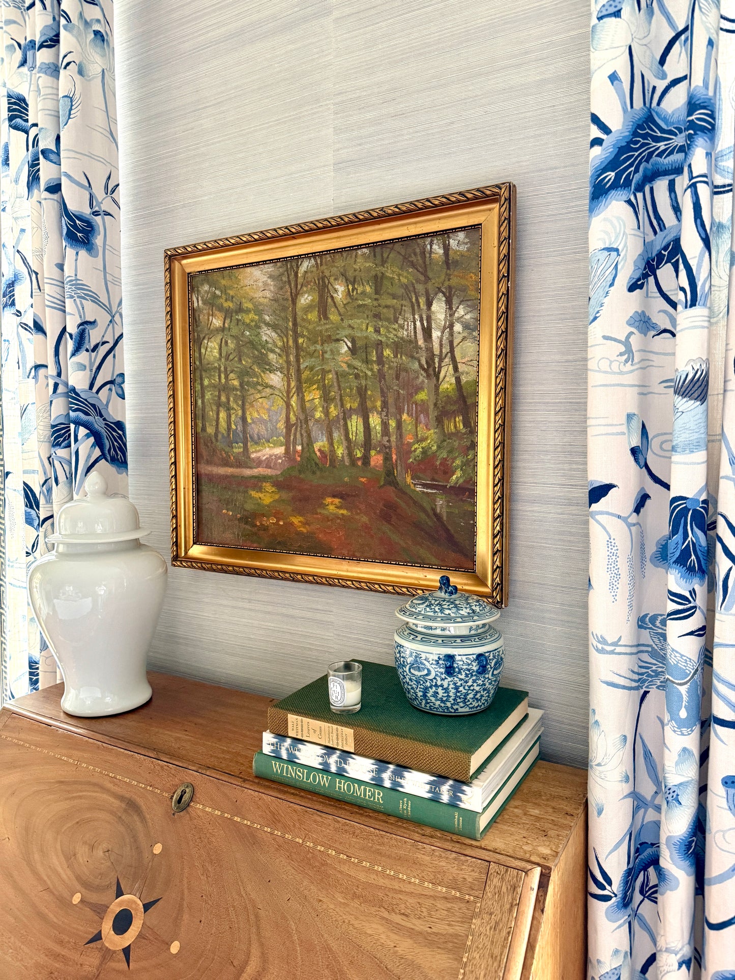 Vintage Sunlit Landscape Forest Opening Oil Painting on Canvas in Gold Frame