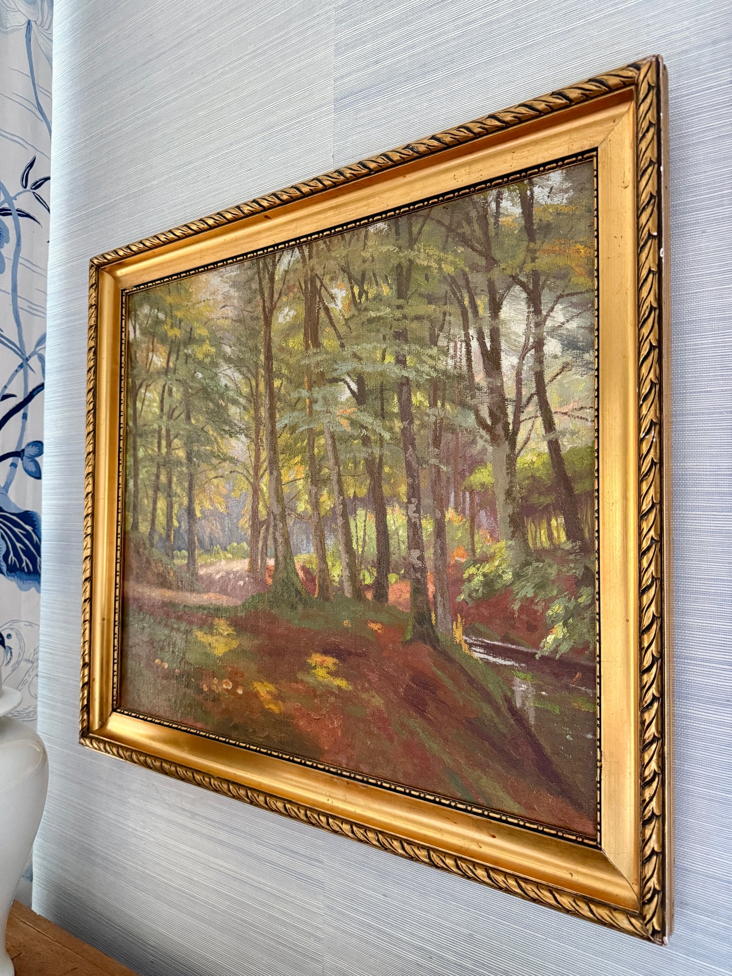 Vintage Sunlit Landscape Forest Opening Oil Painting on Canvas in Gold Frame