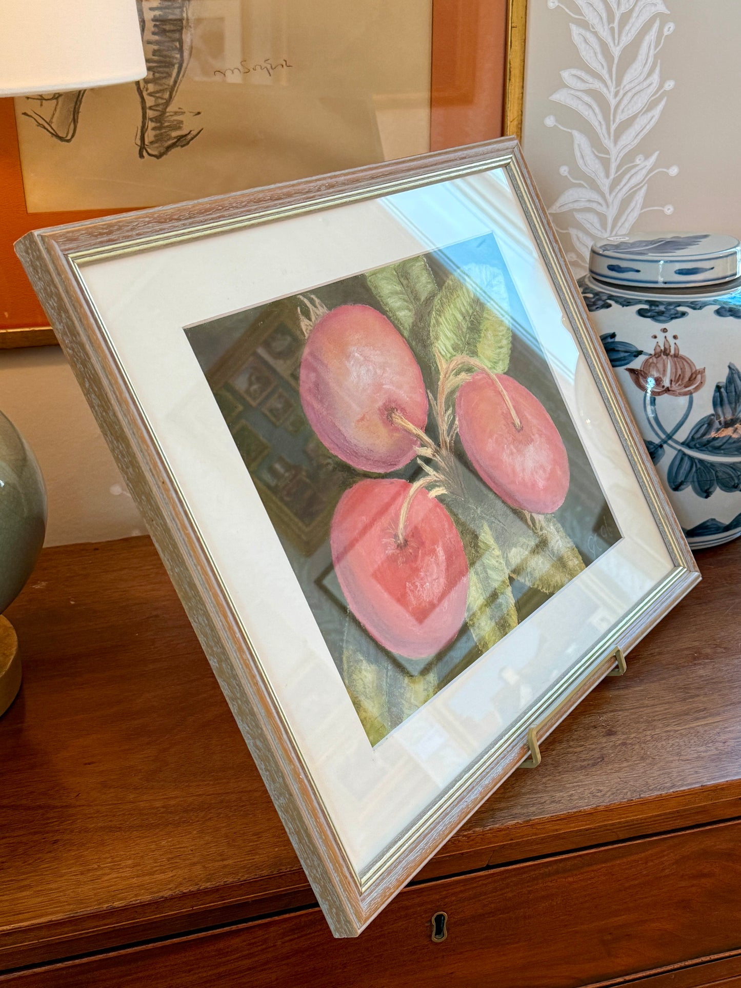 Vintage Pastel of Garden Red Radishes in Limed Wood Frame