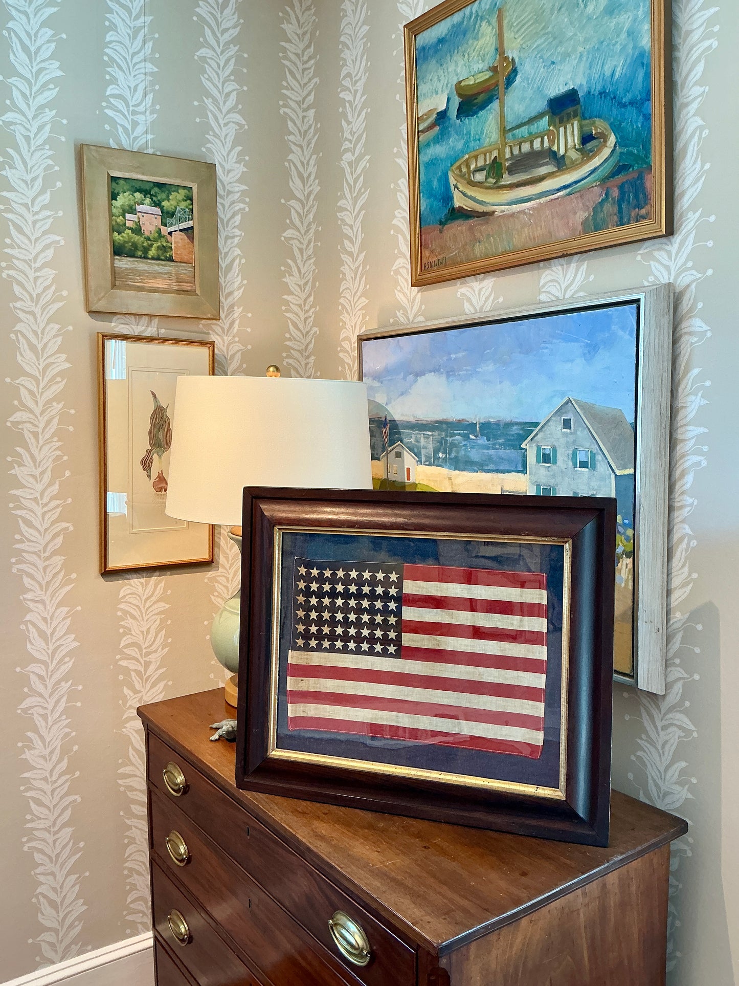 Vintage 48 Star American Flag on Dark Chambray in Antique Walnut Frame with Gilded Liner