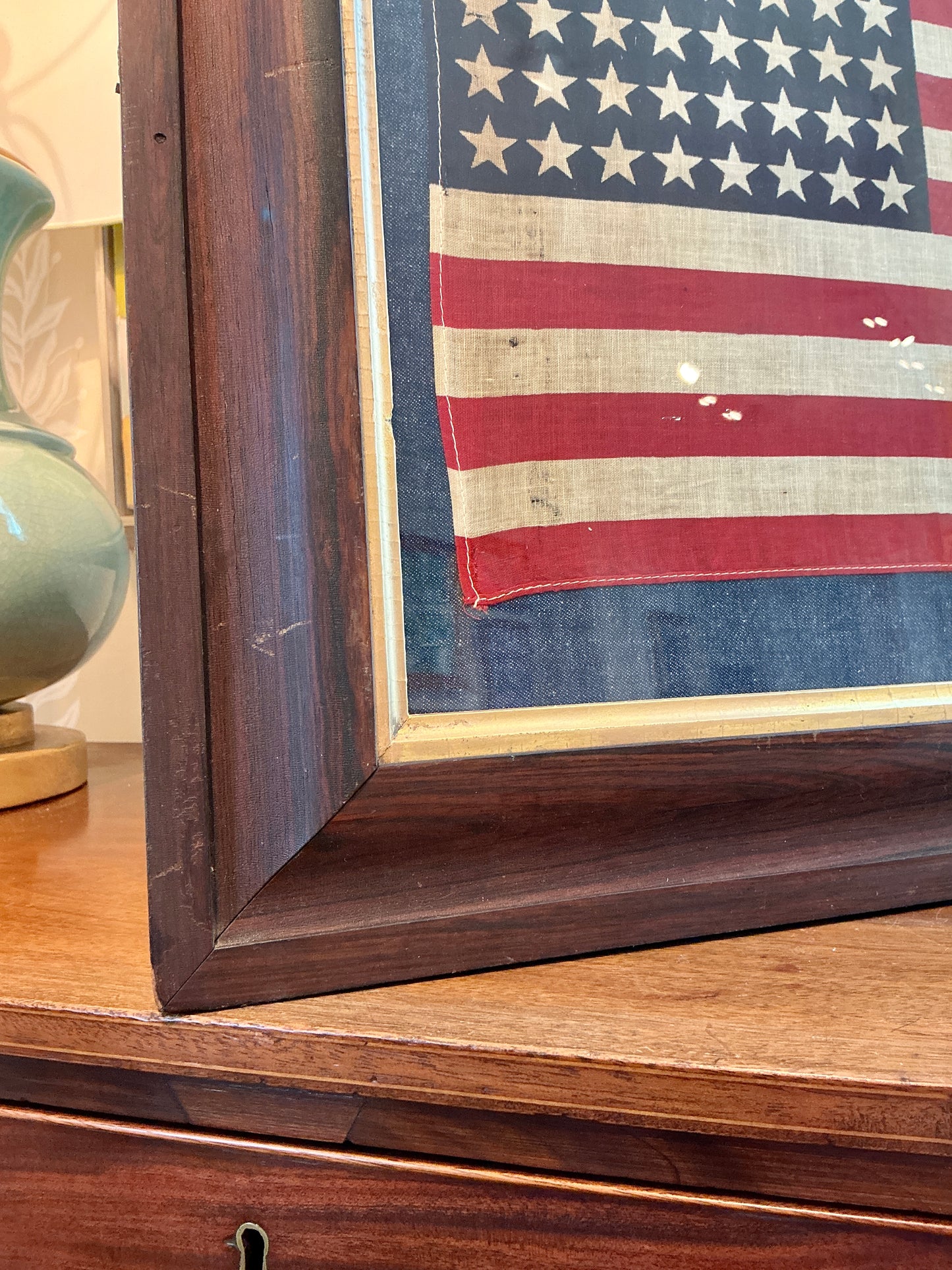 Vintage 48 Star American Flag on Dark Chambray in Antique Walnut Frame with Gilded Liner
