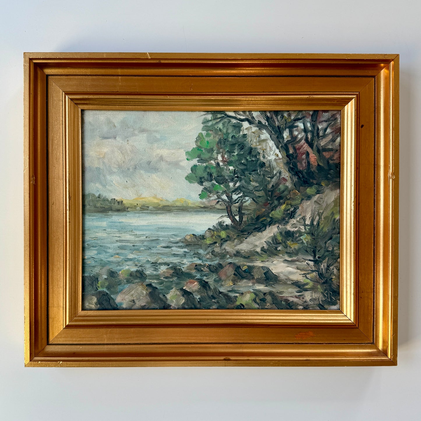 Vintage Impressionist Rocky Coastal Landscape Oil Painting in Gold Frame