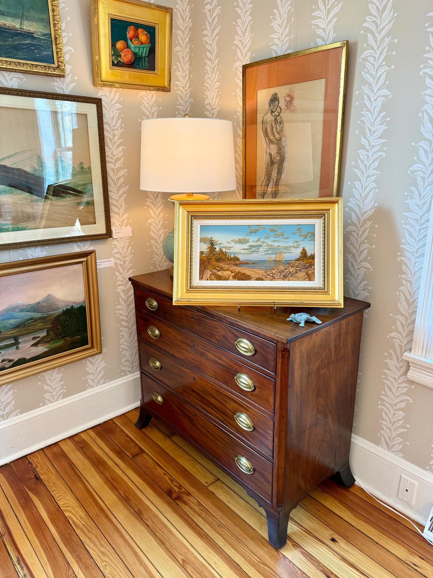 John Atwater West Shore Sailboats in New England Seascape Alkyd Painting in Gold Frame