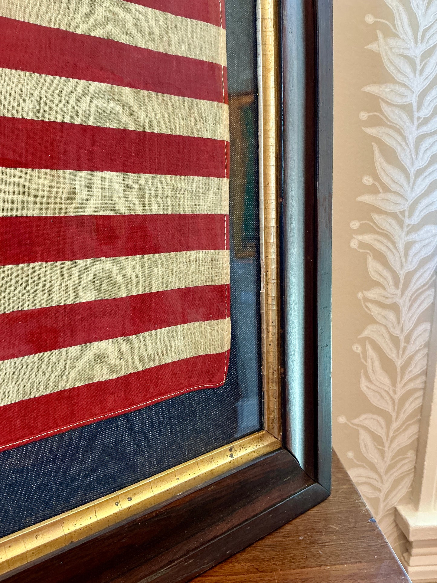 Vintage 48 Star American Flag on Dark Chambray in Antique Walnut Frame with Gilded Liner