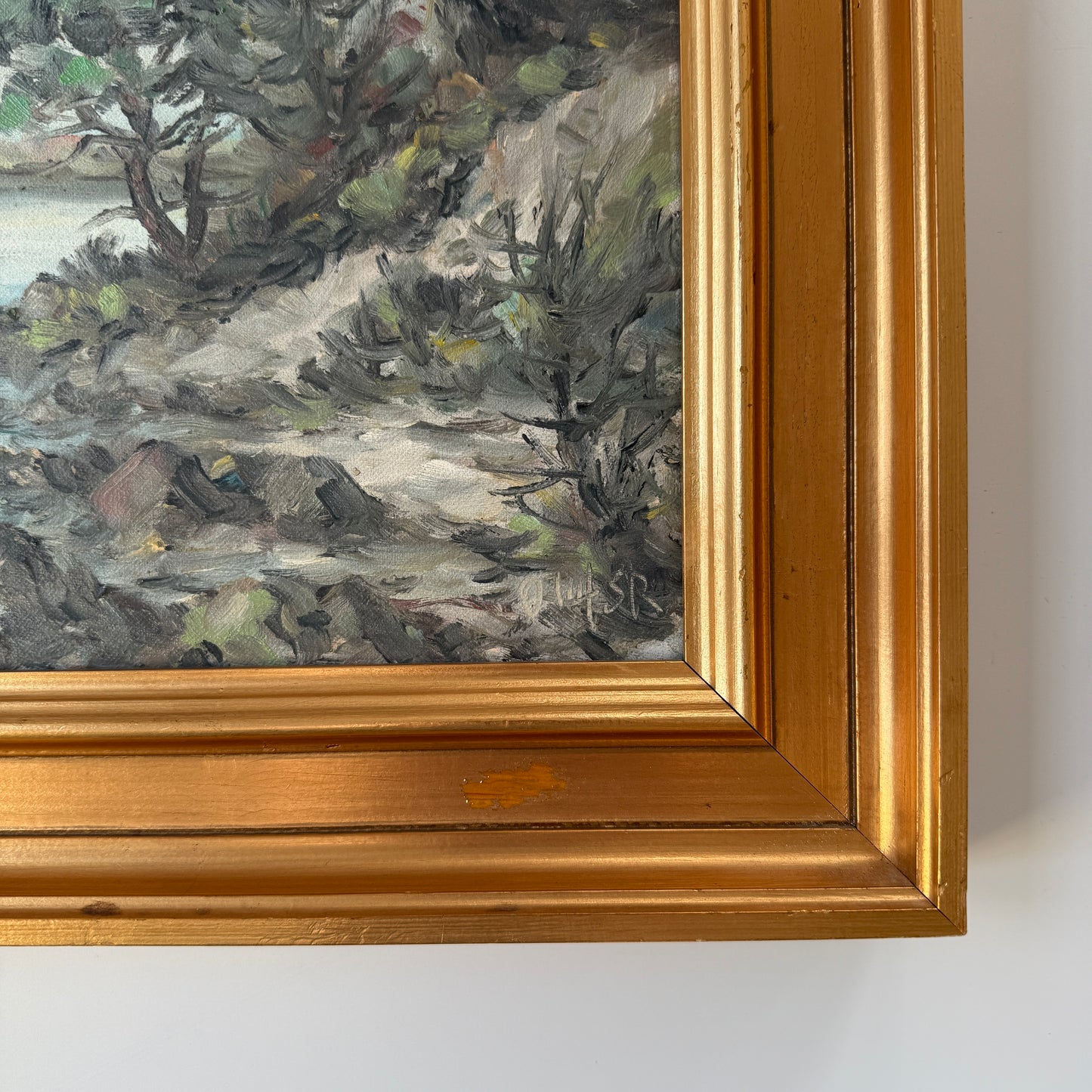 Vintage Impressionist Rocky Coastal Landscape Oil Painting in Gold Frame