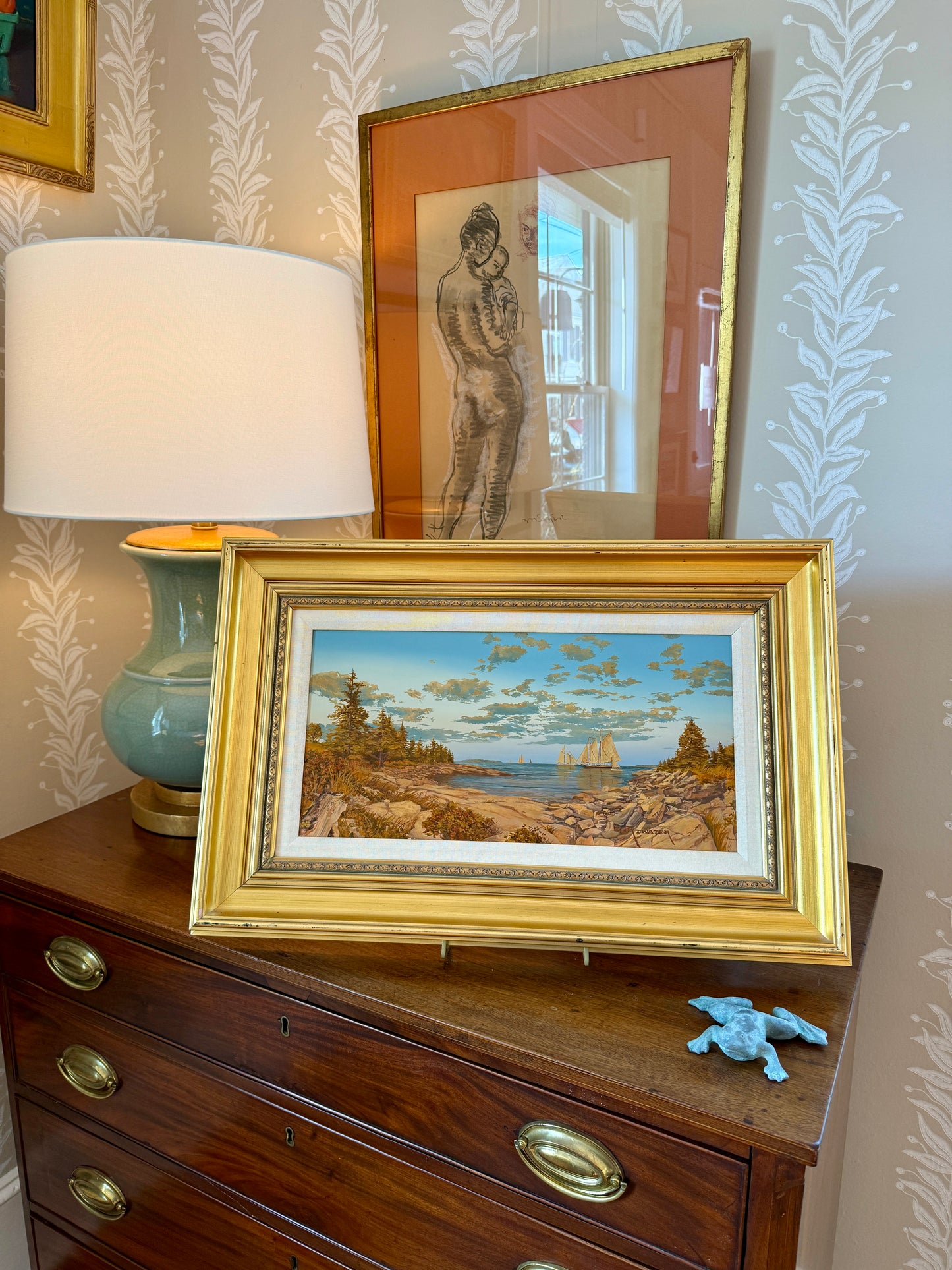 John Atwater West Shore Sailboats in New England Seascape Alkyd Painting in Gold Frame