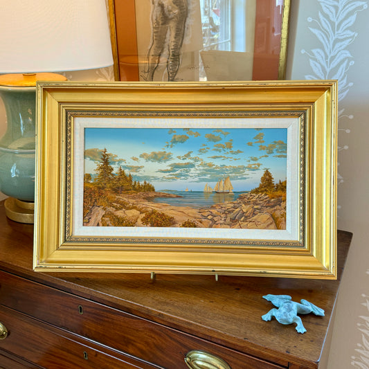 John Atwater West Shore Sailboats in New England Seascape Alkyd Painting in Gold Frame